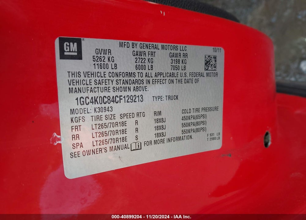 2012 CHEVROLET SILVERADO 3500HD LT VIN: 1GC4K0C84CF129213