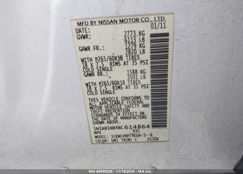 2011 NISSAN PATHFINDER LE VIN: 5N1AR1NB4BC614864