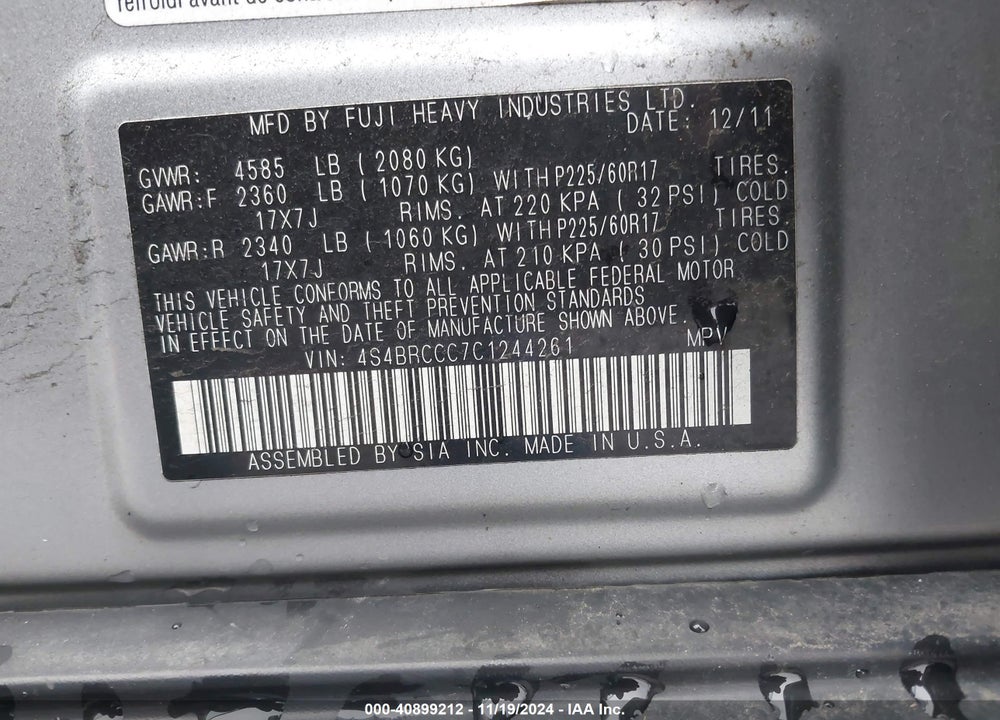 2012 SUBARU OUTBACK 2.5I PREMIUM VIN: 4S4BRCCC7C1244261