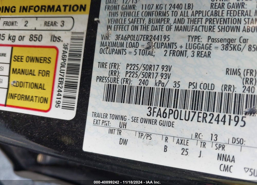 2014 FORD FUSION HYBRID SE VIN: 3FA6P0LU7ER244195
