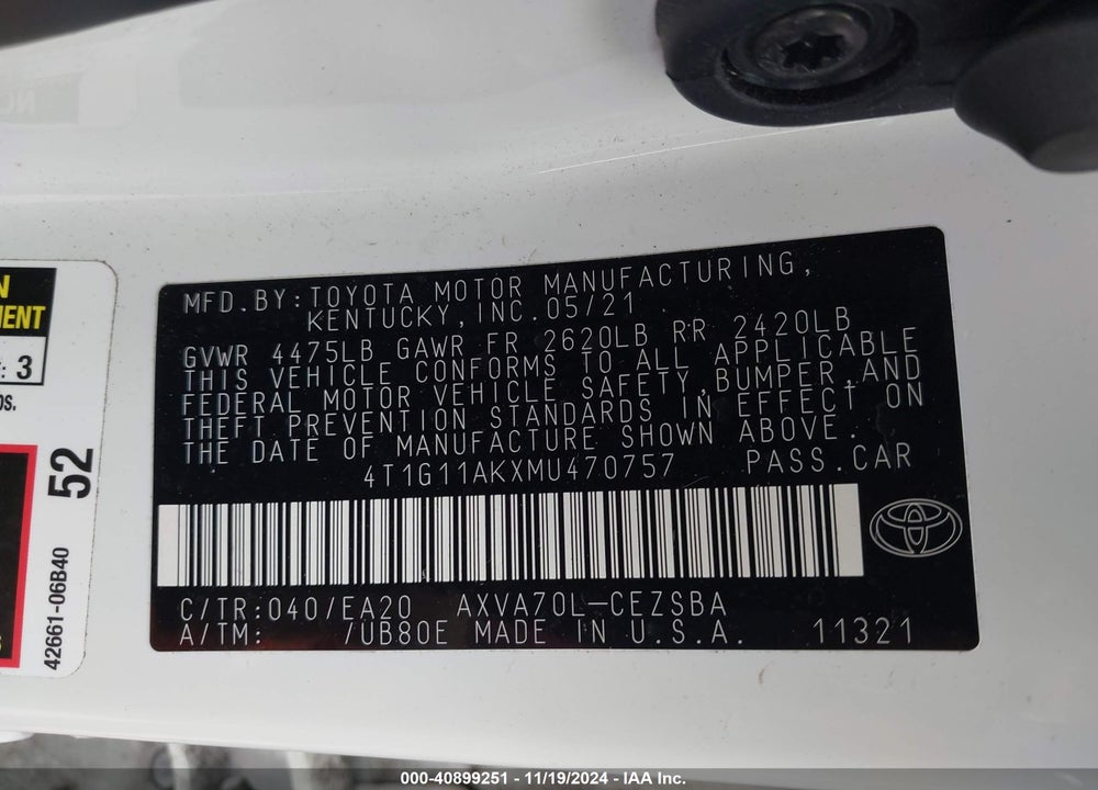 2021 TOYOTA CAMRY SE VIN: 4T1G11AKXMU470757