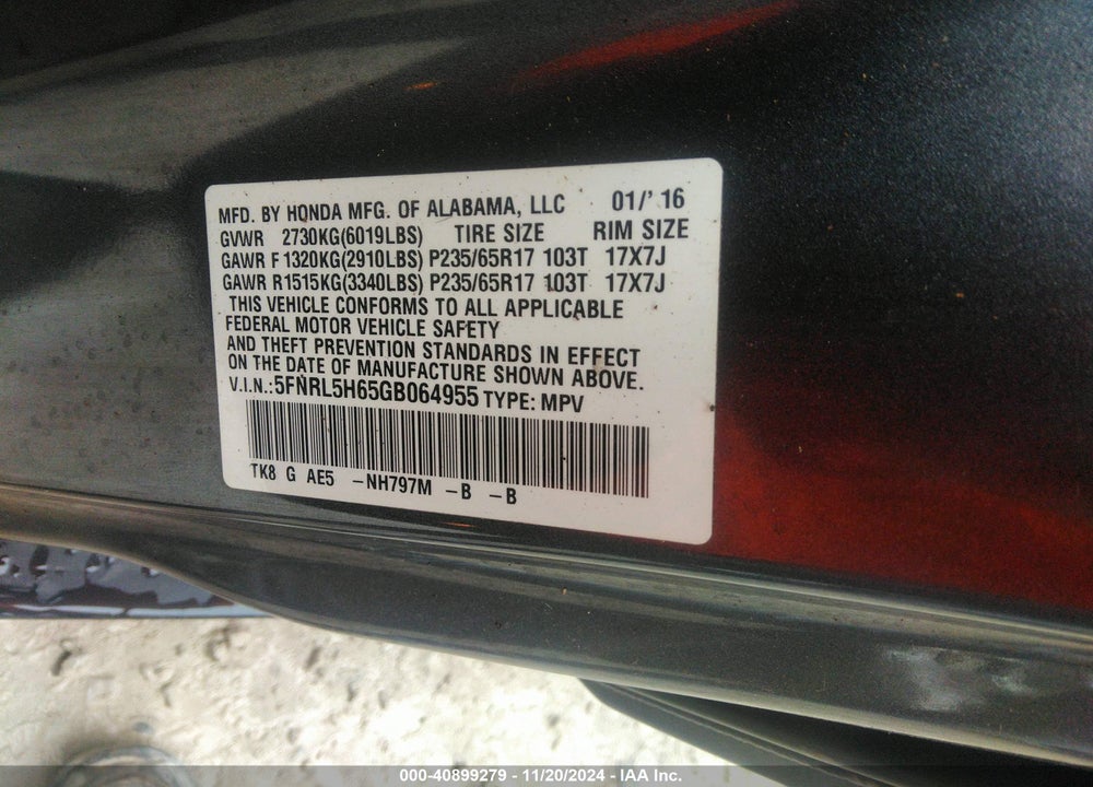 2016 HONDA ODYSSEY EX-L VIN: 5FNRL5H65GB064955