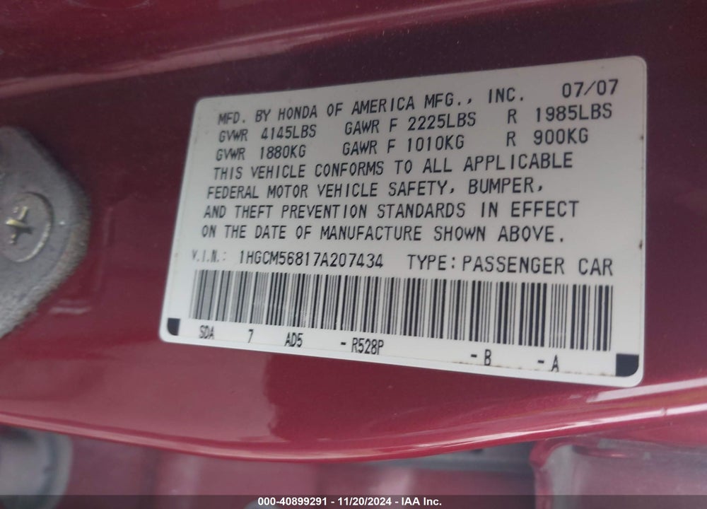 2007 HONDA ACCORD 2.4 EX VIN: 1HGCM56817A207434