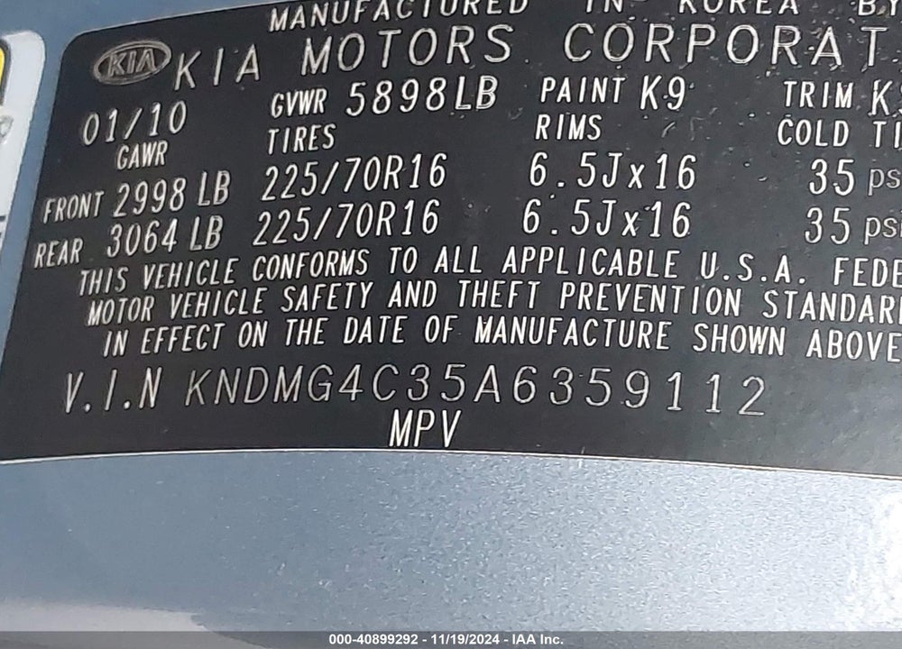 2010 KIA SEDONA LX VIN: KNDMG4C35A6359112