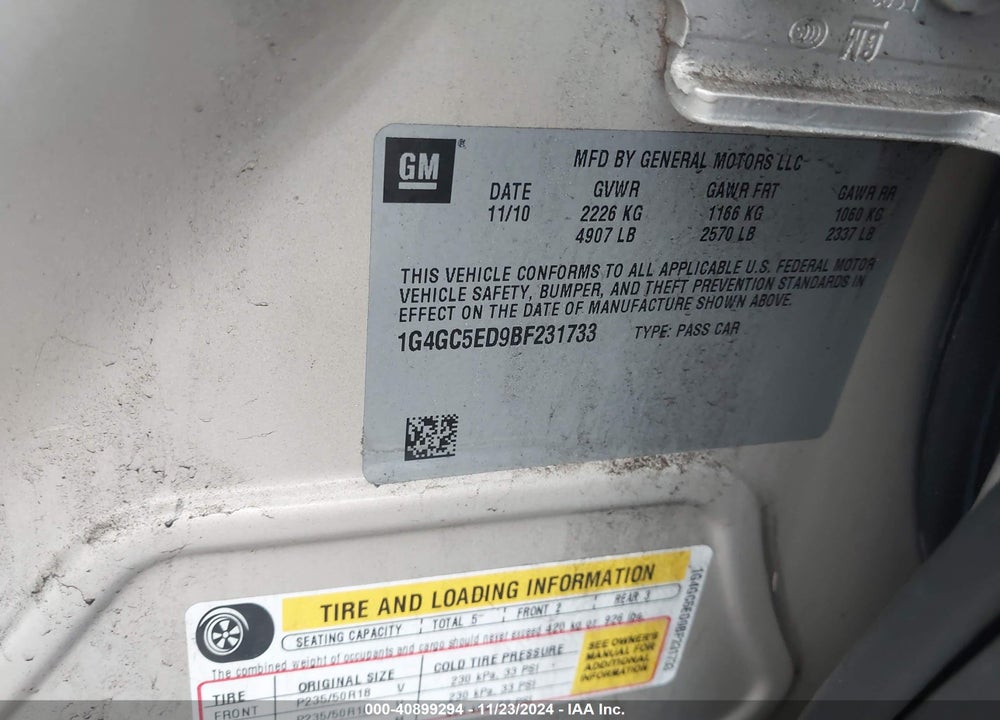 2011 BUICK LACROSSE CXL VIN: 1G4GC5ED9BF231733
