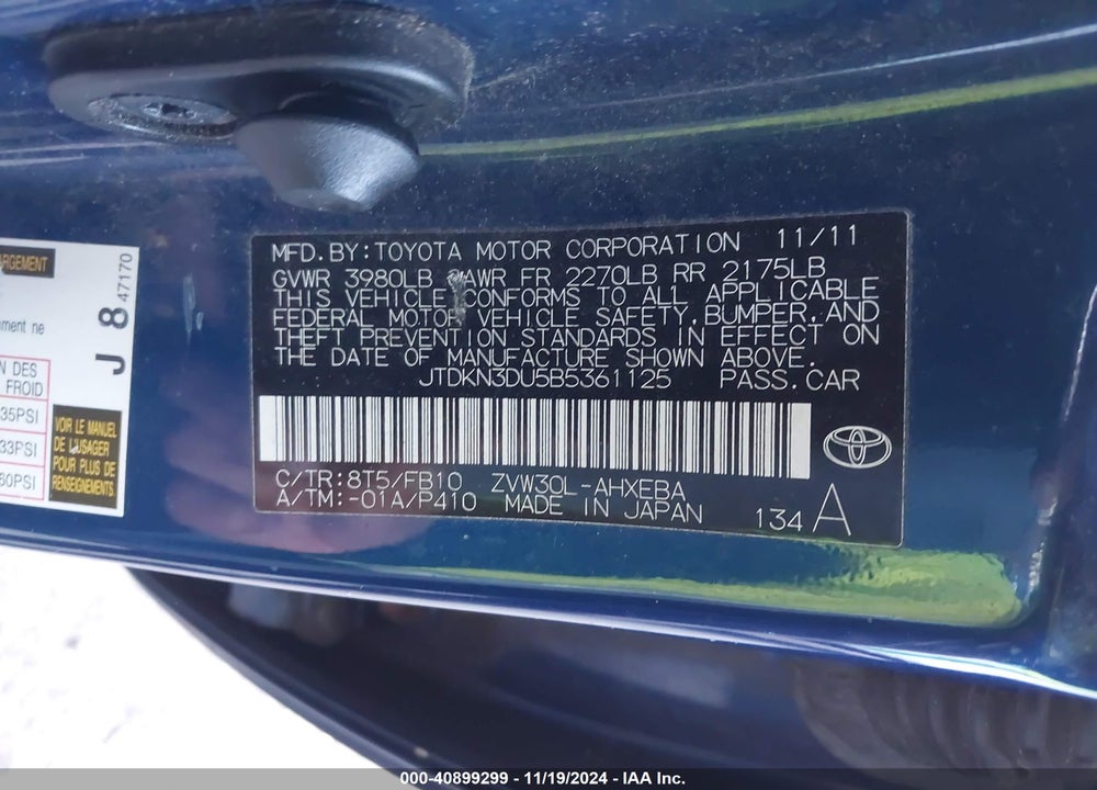 2011 TOYOTA PRIUS TWO VIN: JTDKN3DU5B5361125