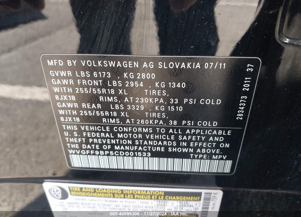 2012 VOLKSWAGEN TOUAREG VR6 SPORT VIN: WVGFF9BP5CD001533