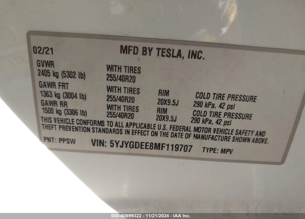 2021 TESLA MODEL Y LONG RANGE DUAL MOTOR ALL-WHEEL DRIVE VIN: 5YJYGDEE8MF119707
