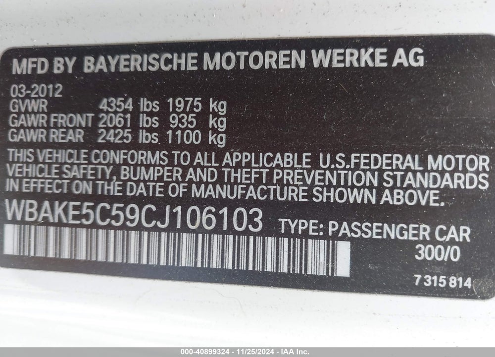 2012 BMW 328I VIN: WBAKE5C59CJ106103