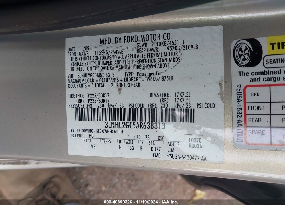 2010 LINCOLN MKZ VIN: 3LNHL2GC5AR638313
