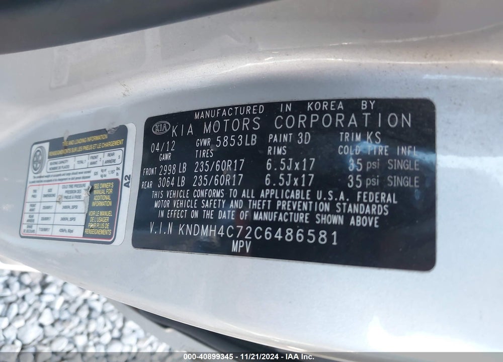 2012 KIA SEDONA EX VIN: KNDMH4C72C6486581