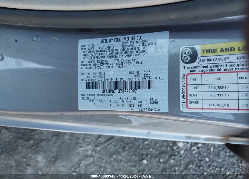 2007 FORD FUSION SE VIN: 3FAHP07137R222397