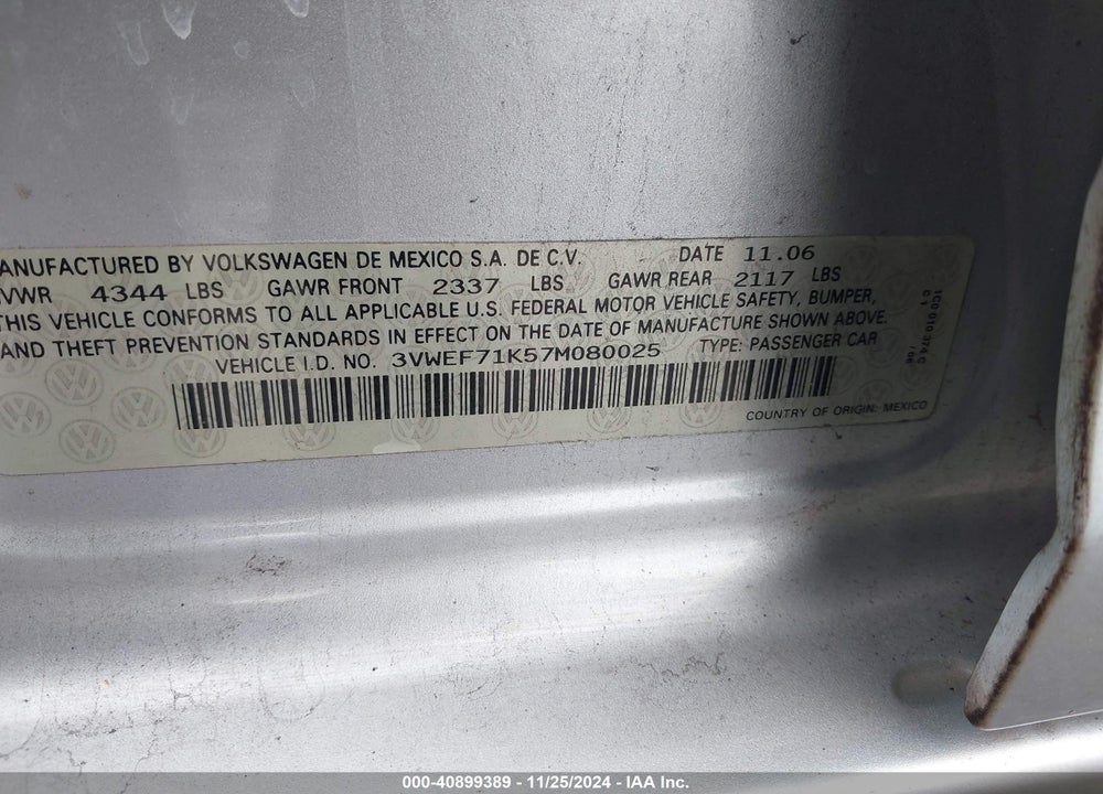 2007 VOLKSWAGEN JETTA WOLFSBURG EDITION VIN: 3VWEF71K57M080025
