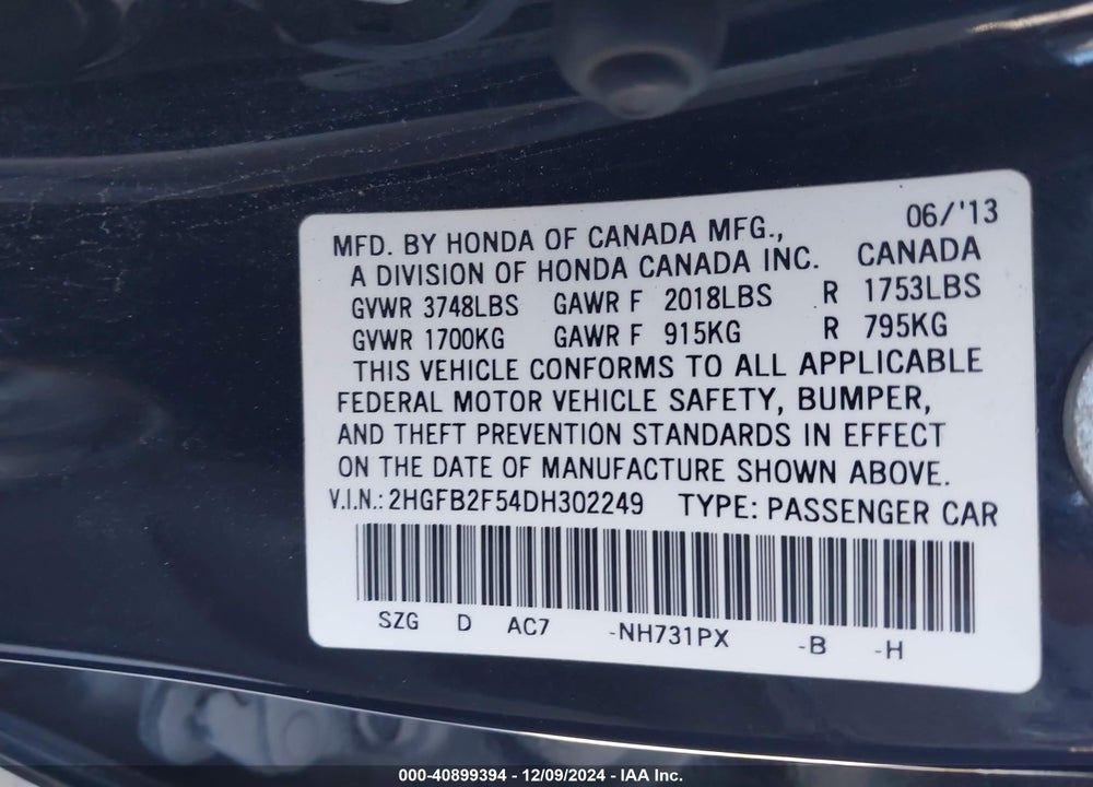 2013 HONDA CIVIC VIN: 2HGFB2F54DH302249