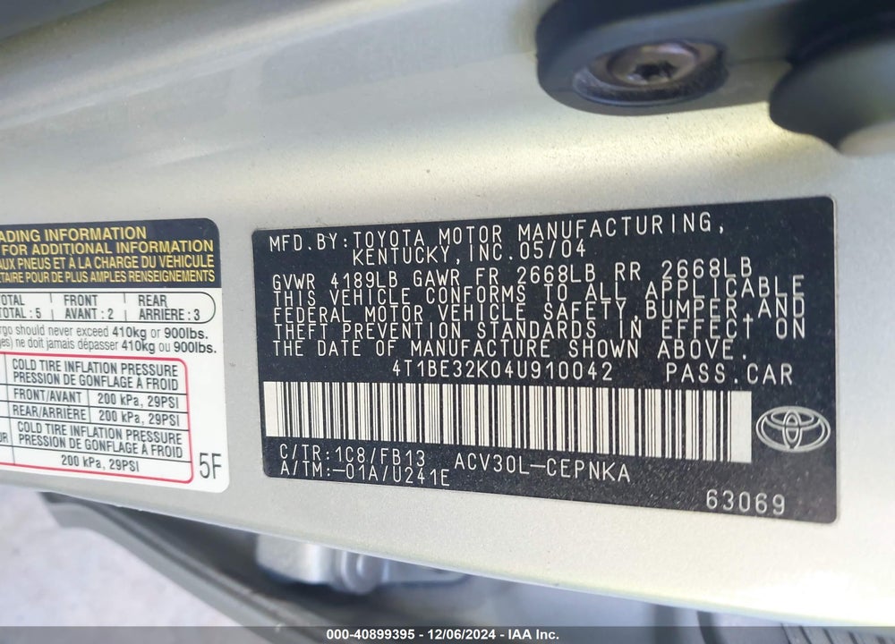 2004 TOYOTA CAMRY LE VIN: 4T1BE32K04U910042