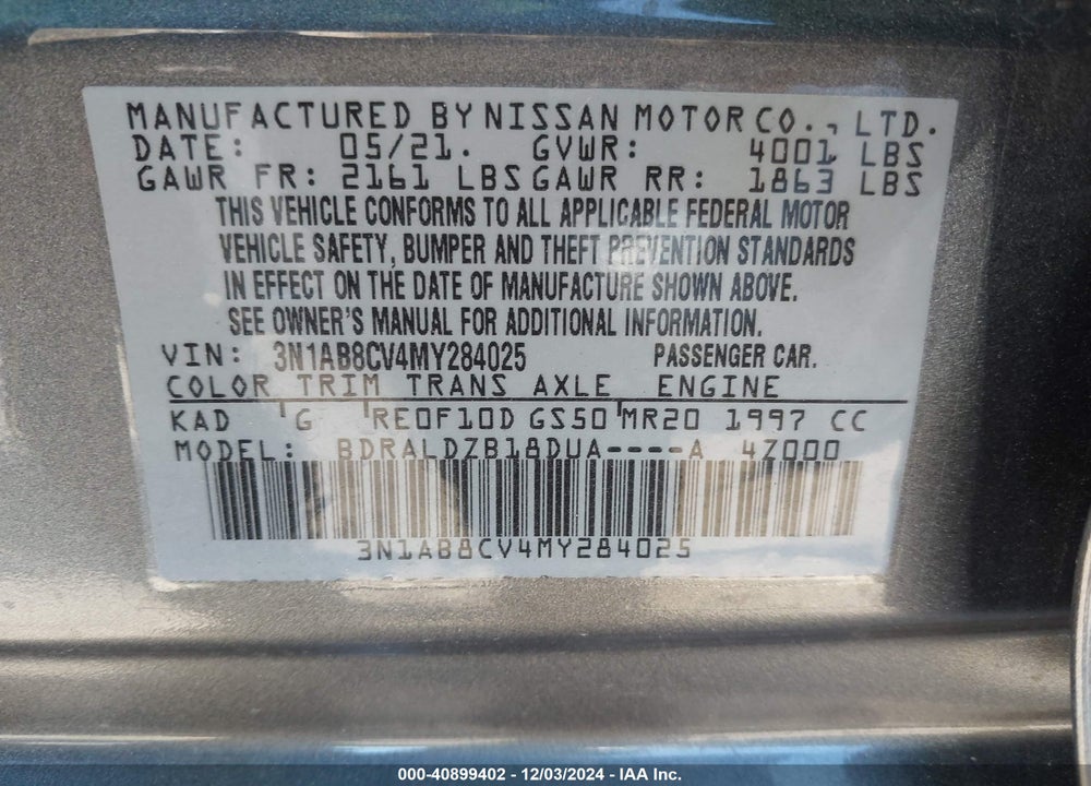 2021 NISSAN SENTRA VIN: 3N1AB8CV4MY284025