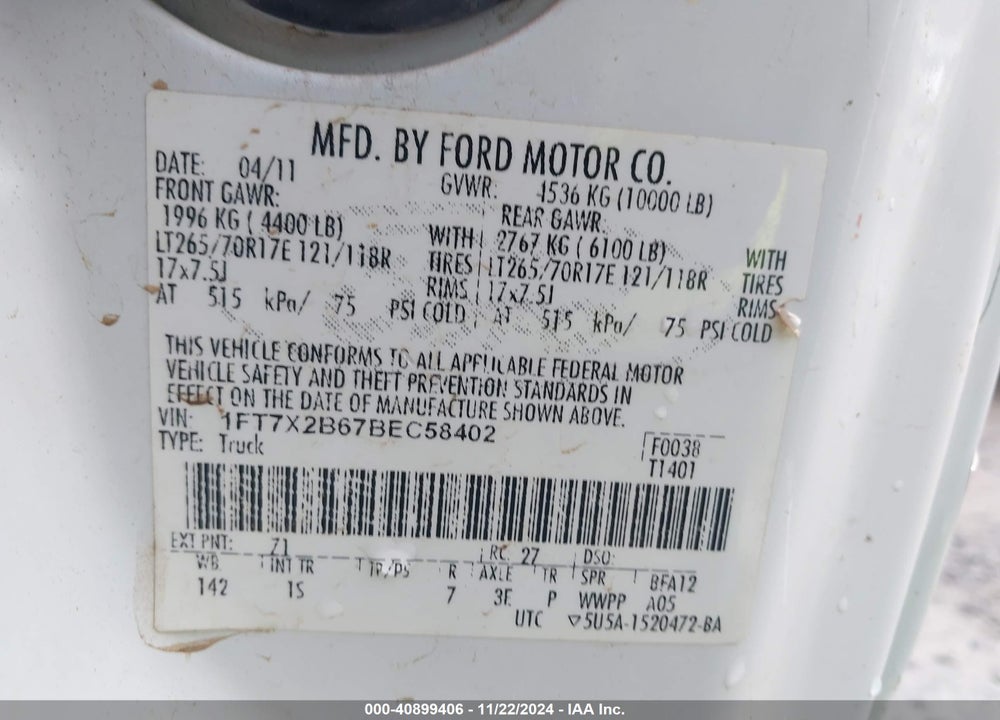 2011 FORD F-250 XL VIN: 1FT7X2B67BEC58402