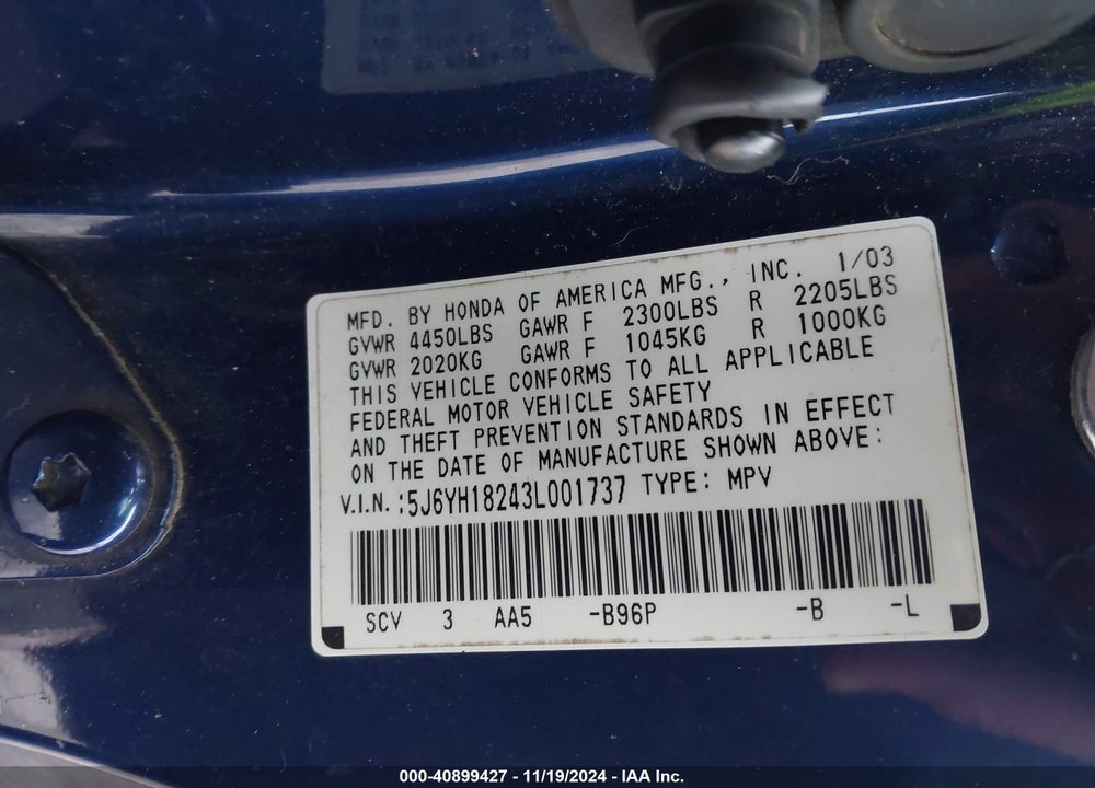 2003 HONDA ELEMENT DX VIN: 5J6YH18243L001737