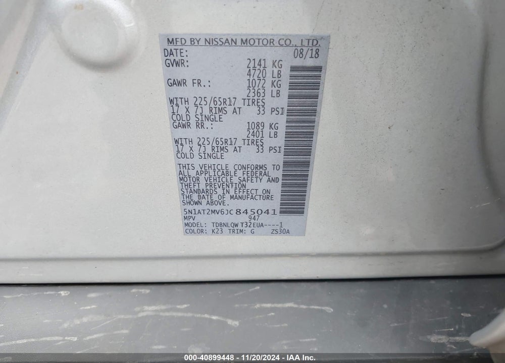 2018 NISSAN ROGUE SV VIN: 5N1AT2MV6JC845041