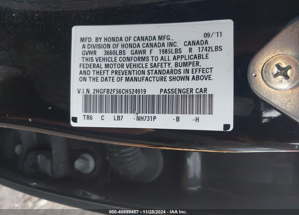 2012 HONDA CIVIC LX VIN: 2HGFB2F56CH524919