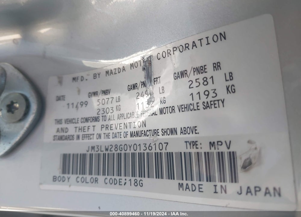 2000 MAZDA MPV DX/ES/LX VIN: JM3LW28G0Y0136107