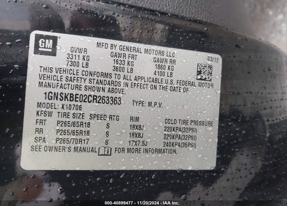 2012 CHEVROLET TAHOE LT VIN: 1GNSKBE02CR263363