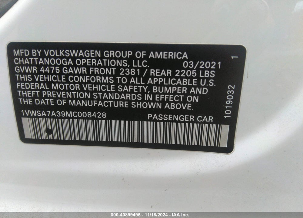 2021 VOLKSWAGEN PASSAT 2.0T SE VIN: 1VWSA7A39MC008428