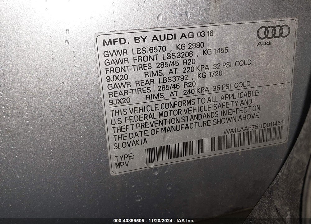 2017 AUDI Q7 3.0T PREMIUM VIN: WA1LAAF75HD011451