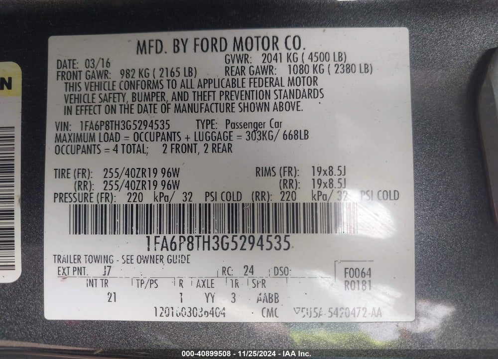 2016 FORD MUSTANG ECOBOOST VIN: 1FA6P8TH3G5294535