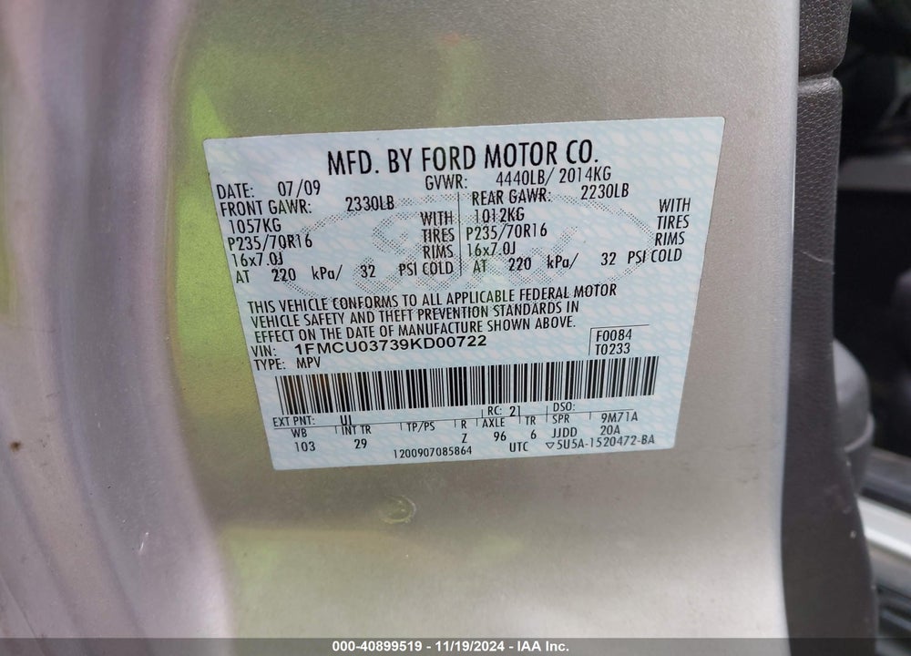 2009 FORD ESCAPE XLT VIN: 1FMCU03739KD00722