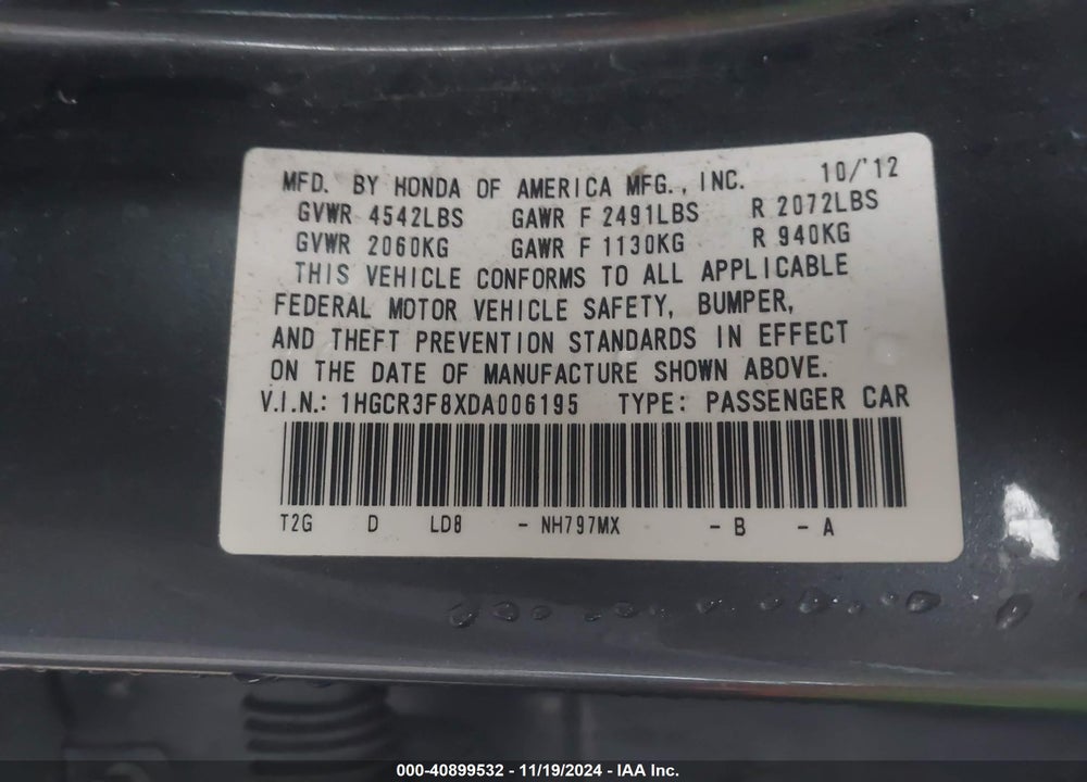 2013 HONDA ACCORD EX-L V-6 VIN: 1HGCR3F8XDA006195