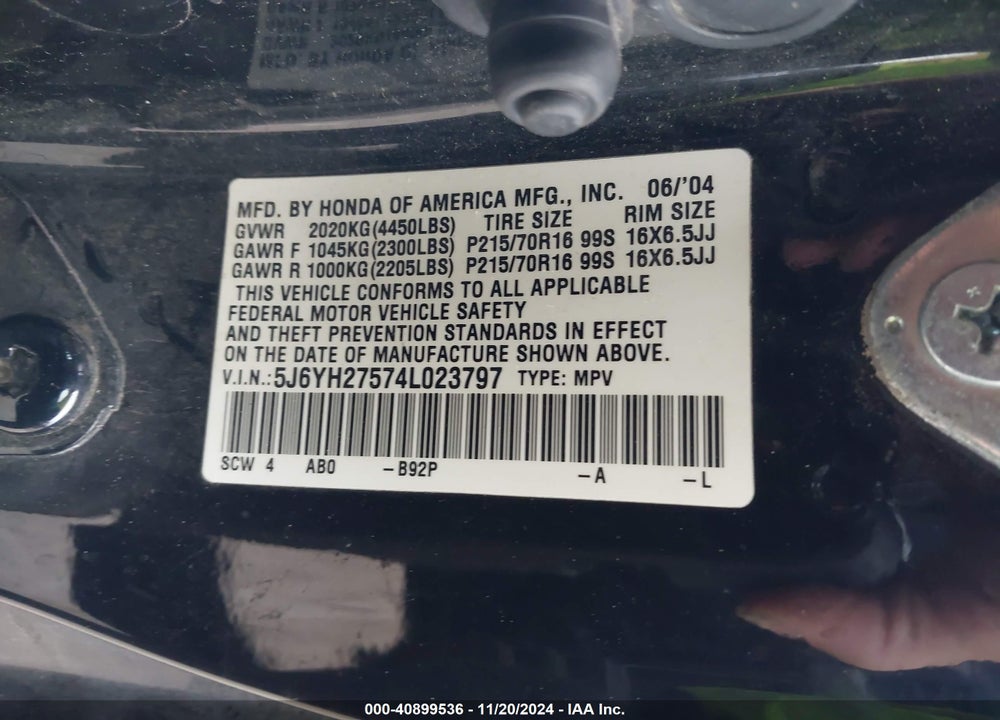2004 HONDA ELEMENT EX VIN: 5J6YH27574L023797