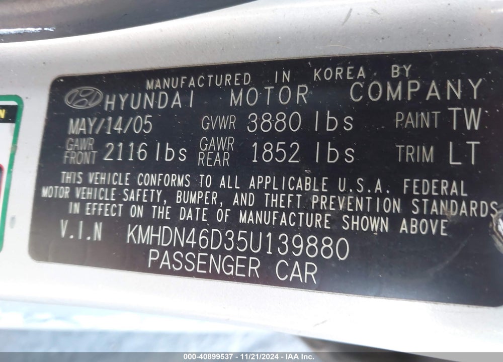 2005 HYUNDAI ELANTRA GLS/GT VIN: KMHDN46D35U139880