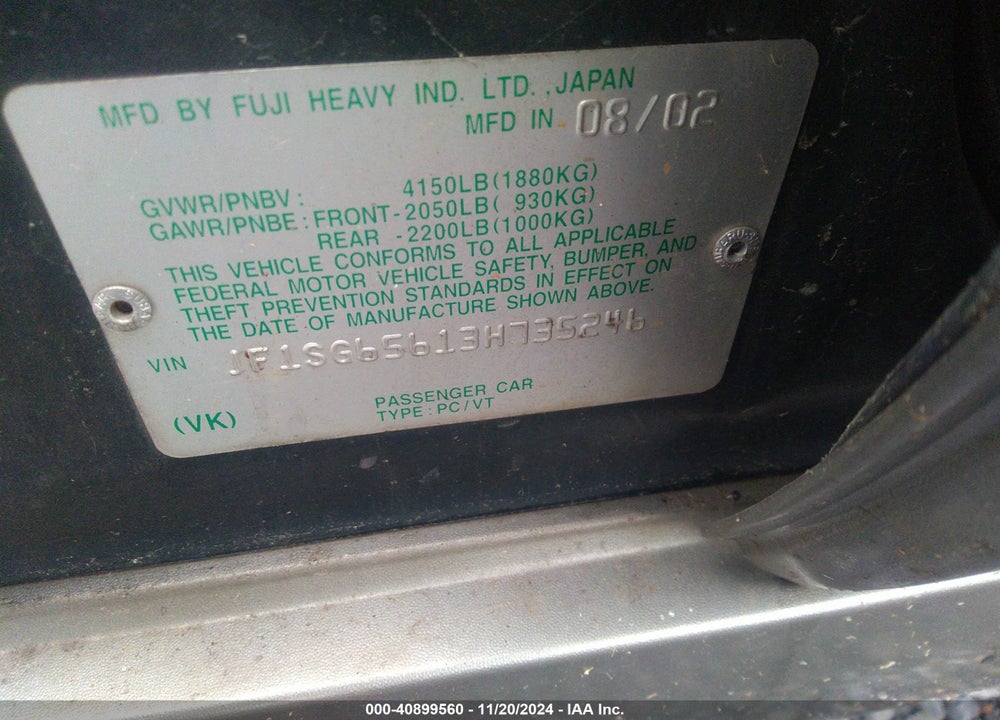 2003 SUBARU FORESTER XS VIN: JF1SG65613H735246