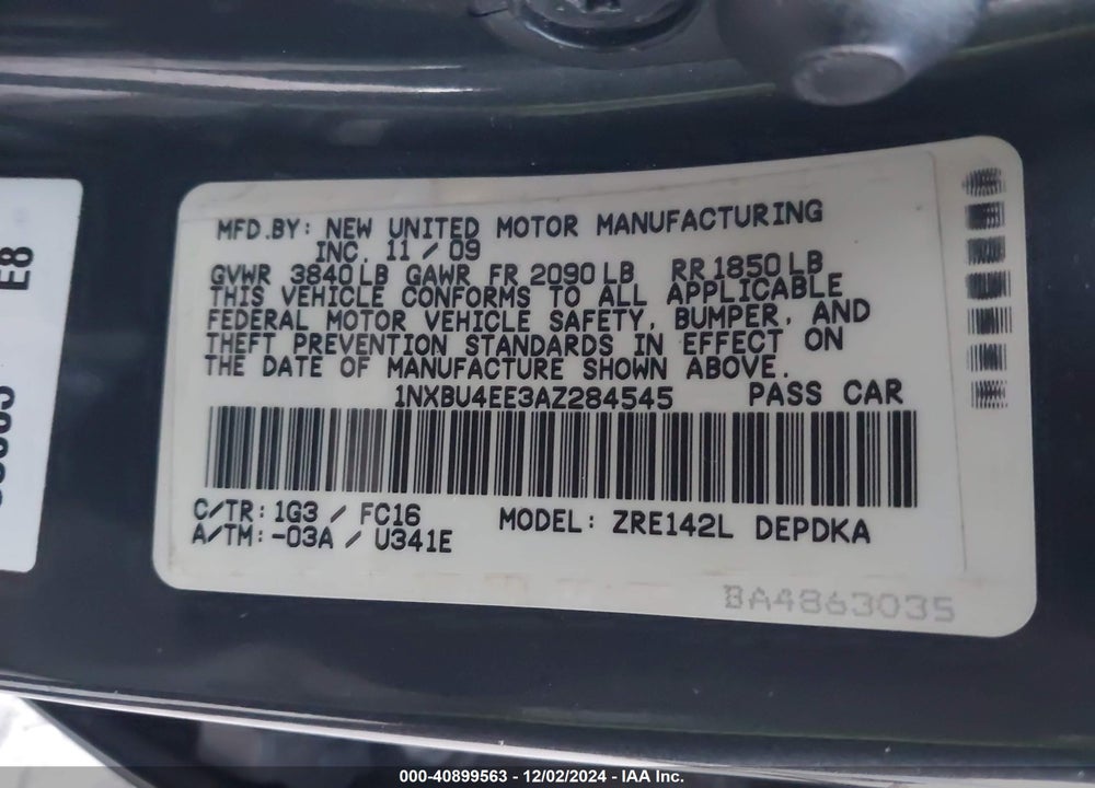 2010 TOYOTA COROLLA LE VIN: 1NXBU4EE3AZ284545