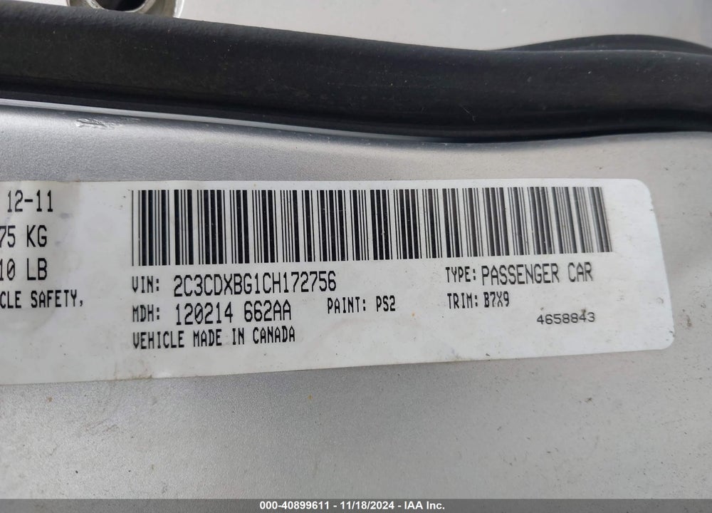 2012 DODGE CHARGER SE VIN: 2C3CDXBG1CH172756