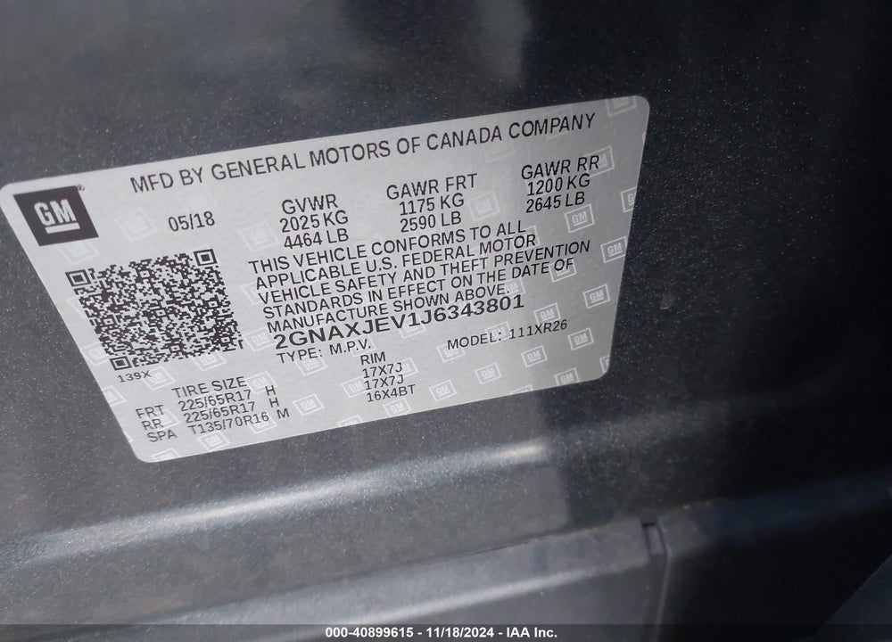 2018 CHEVROLET EQUINOX LT VIN: 2GNAXJEV1J6343801