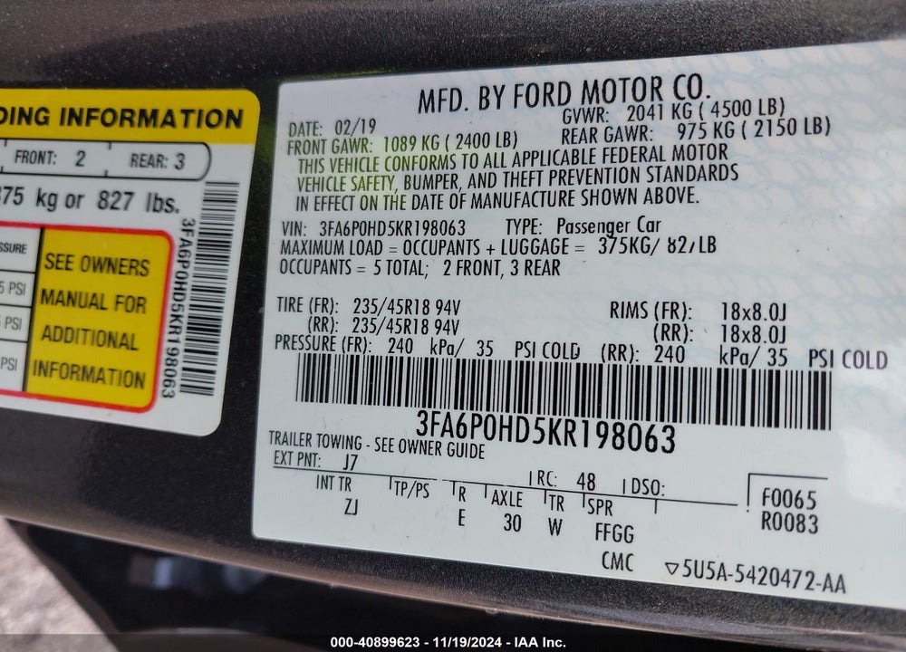 2019 FORD FUSION VIN: 3FA6P0HD5KR198063