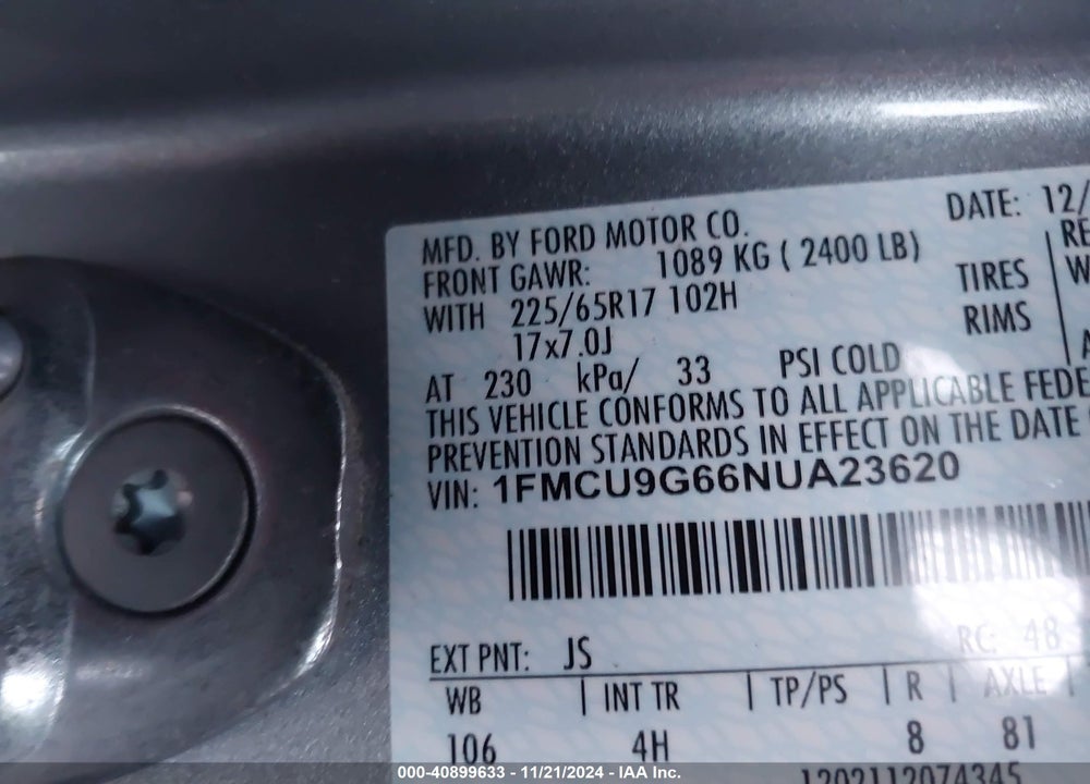 2022 FORD ESCAPE SE VIN: 1FMCU9G66NUA23620