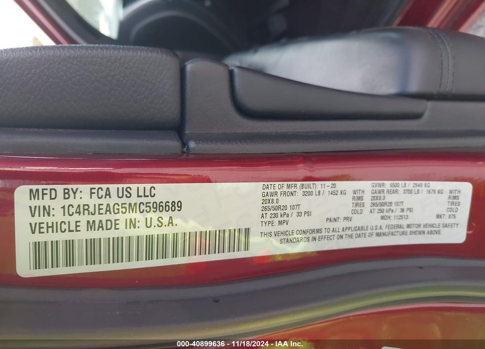 2021 CHEROKEE JEEP GRAND  LAREDO X 4X2 VIN: 1C4RJEAG5MC596689