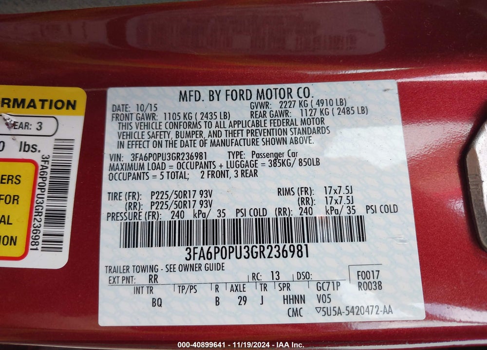 2016 FORD FUSION ENERGI SE LUXURY VIN: 3FA6P0PU3GR236981