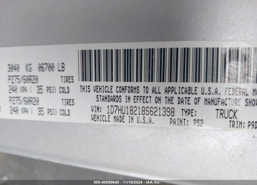 2008 DODGE RAM 1500 SLT VIN: 1D7HU18218S621398