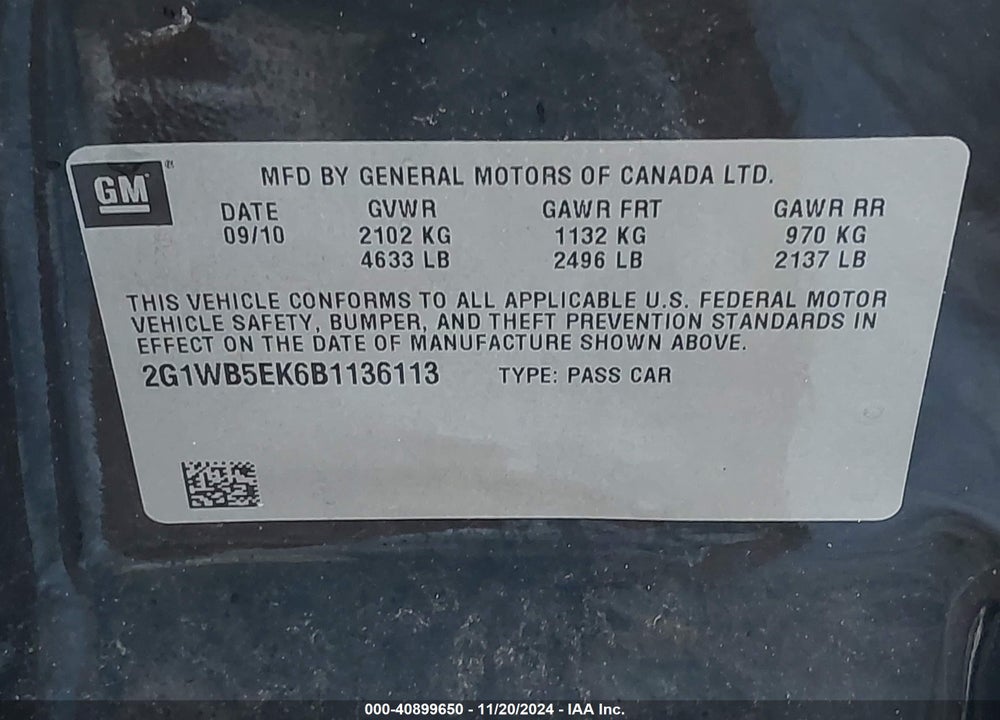 2011 CHEVROLET IMPALA LT VIN: 2G1WB5EK6B1136113