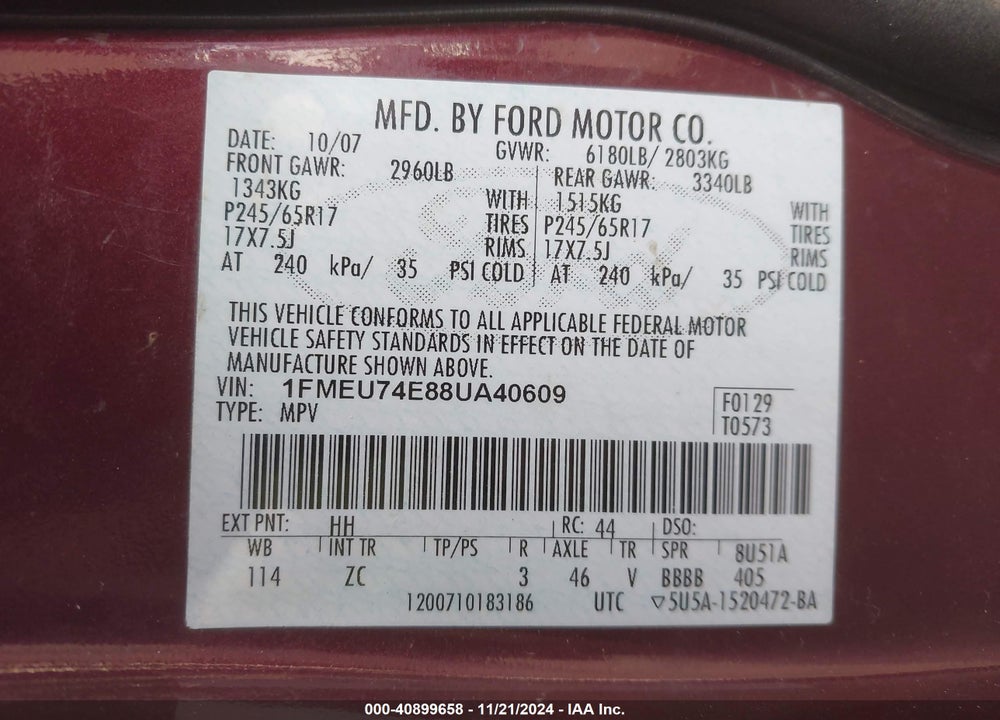 2008 FORD EXPLORER EDDIE BAUER VIN: 1FMEU74E88UA40609