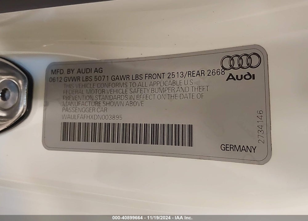 2013 AUDI A5 2.0T PREMIUM VIN: WAULFAFHXDN003895