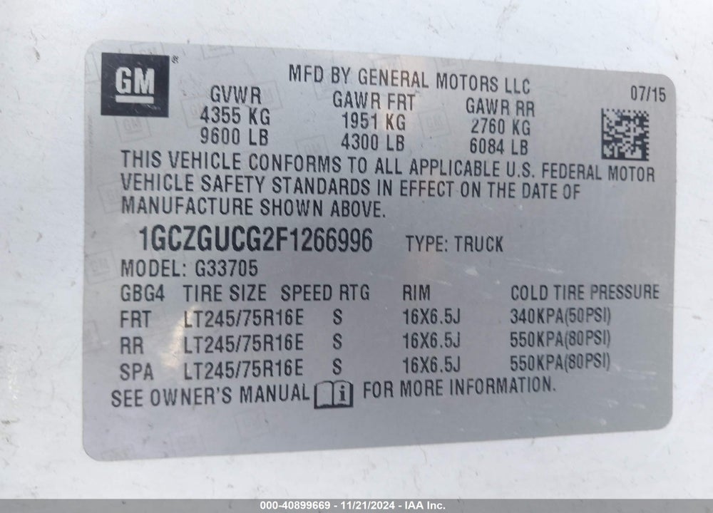 2015 CHEVROLET EXPRESS 3500 WORK VAN VIN: 1GCZGUCG2F1266996