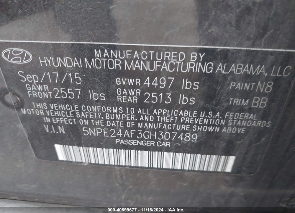 2016 HYUNDAI SONATA SE VIN: 5NPE24AF3GH307489