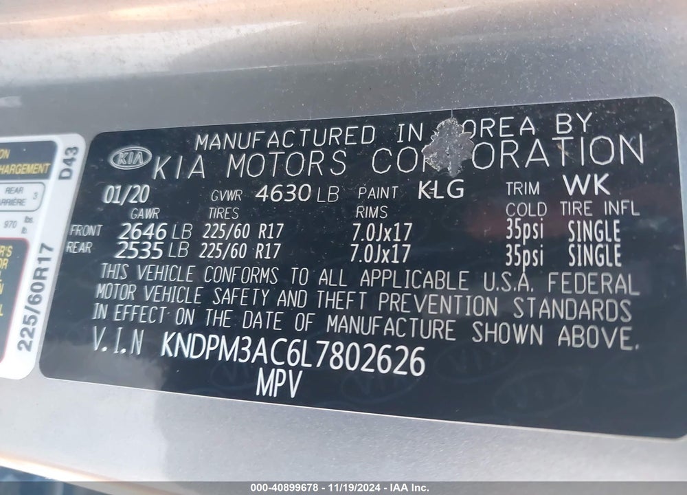 2020 KIA SPORTAGE LX VIN: KNDPM3AC6L7802626