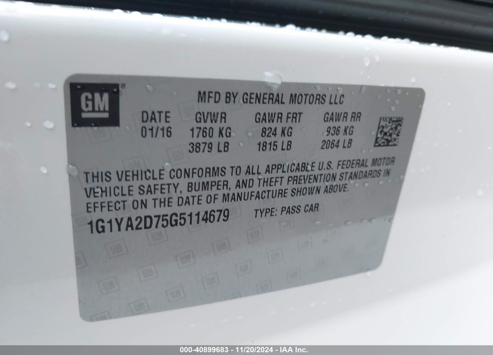 2016 CHEVROLET CORVETTE STINGRAY VIN: 1G1YA2D75G5114679