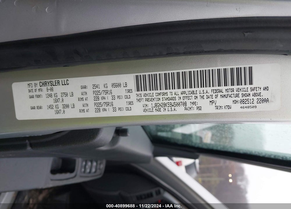 2009 JEEP LIBERTY SPORT VIN: 1J8GN28K59W500708